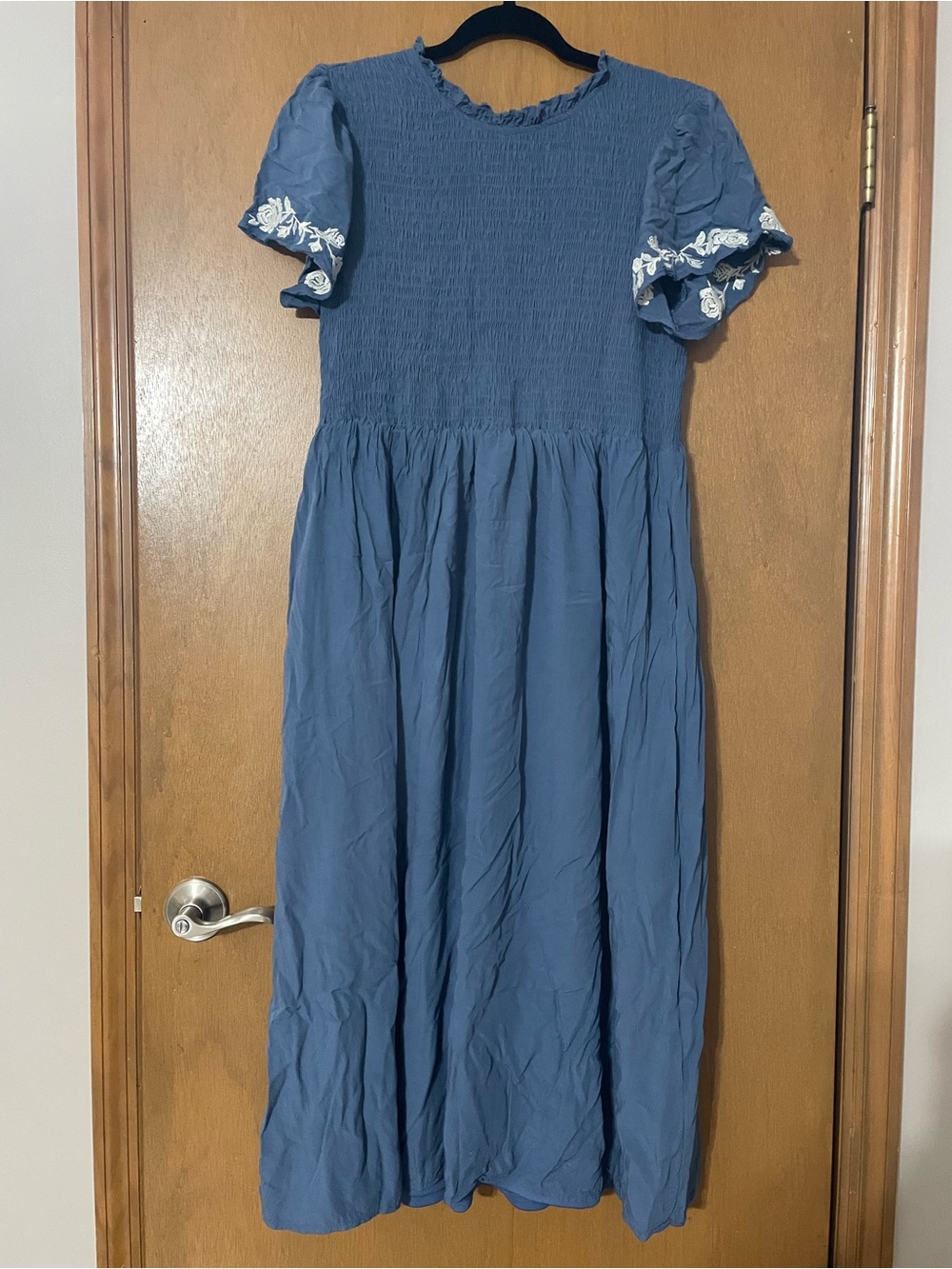 Blue Smocked Midi Dress with Embroidered Sleeves